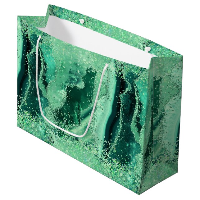 Luxe Gemstone Marble Green Glitter Agate Large Gift Bag (Front Angled)