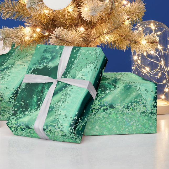 Luxe Gemstone Marble Green Glitter Agate Wrapping Paper (Holidays)