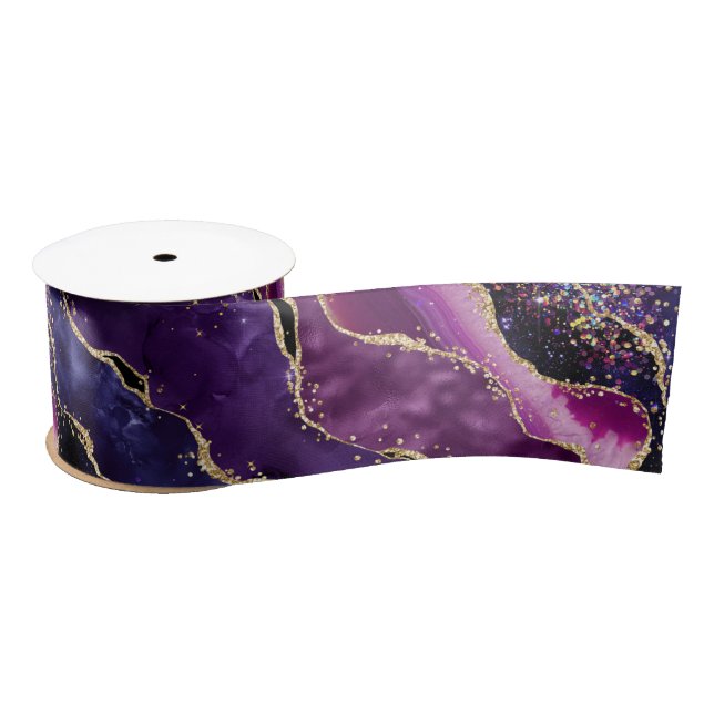 Luxe Gemstone Purple Gold Glitter Agate Satin Ribbon (Spool)