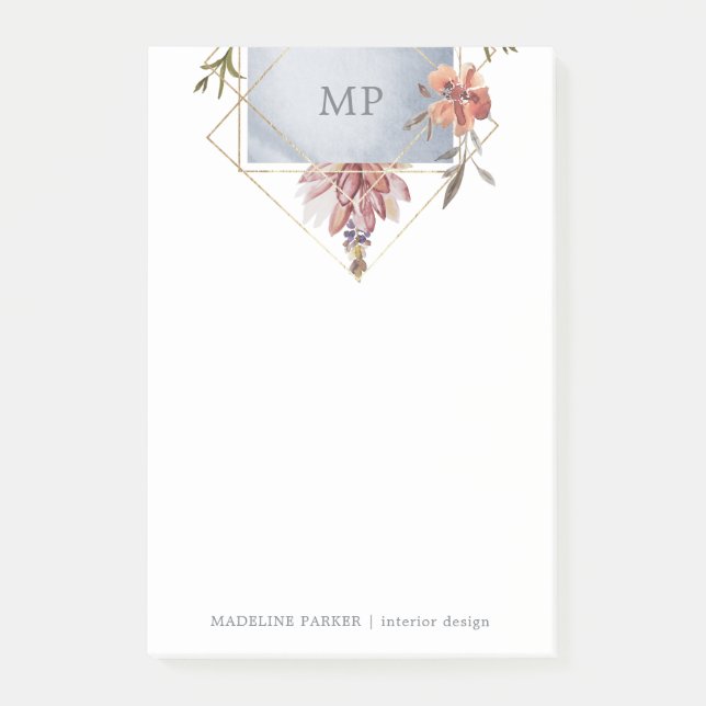 Luxe Geometric Floral with Monogram Post-it Notes (Front)