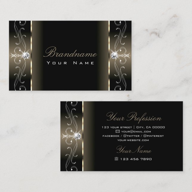 Luxe Glam Black Beige Squiggled Jewels Ornamental Business Card (Front/Back)