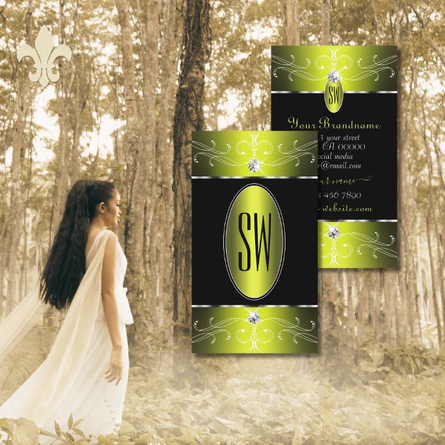 Luxe Glam Black Yellow Ornate Ornaments Initials Business Card (Creator Uploaded)