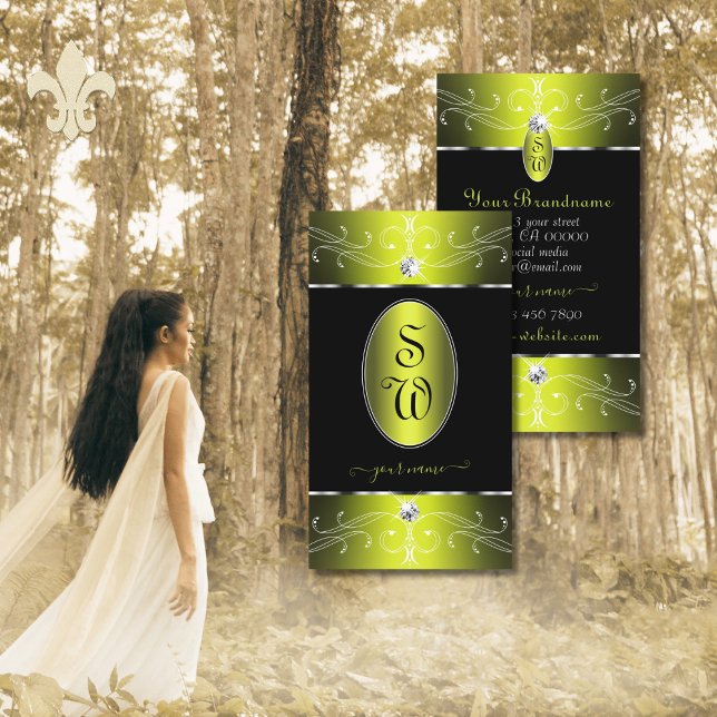 Luxe Glam Black Yellow Ornate Ornaments Monogram Business Card (Creator Uploaded)