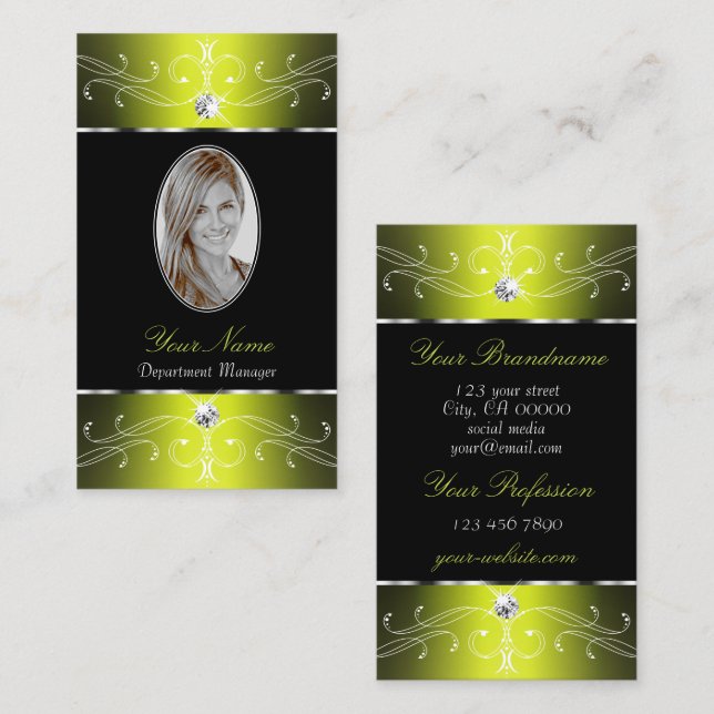 Luxe Glam Black Yellow Ornate Ornaments with Photo Business Card (Front/Back)