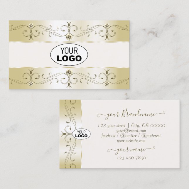 Luxe Glam Gold and Cream Ornate Borders with Logo Business Card (Front/Back)