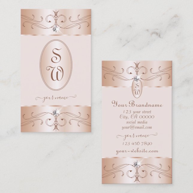 Luxe Glam Rose Gold Ornate Ornaments Initials Chic Business Card (Front/Back)