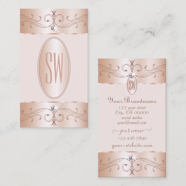 Luxe Glam Rose Gold Ornate Ornaments Monogram Chic Business Card (Front/Back)