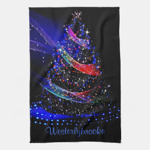 Luxe Glittery Navy Xmas Tree Name Kitchen Towels