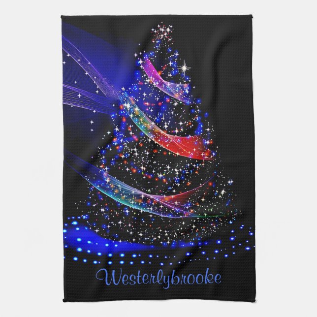 Luxe Glittery Navy Xmas Tree Name Kitchen Towels (Vertical)