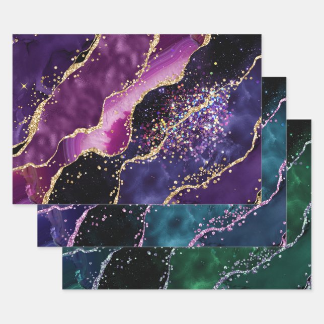 Luxe Gold-Accented Gemstone Glitter Agate Wrapping Paper Sheet (Set)