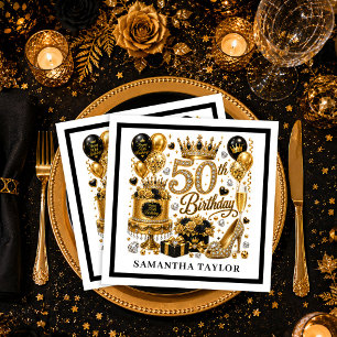 Luxe Gold And Black Glitter Fifty And Fabulous Nap Napkin