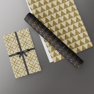 Luxe Gold Black Geometric Patterns Glitter Wrapping Paper Sheet