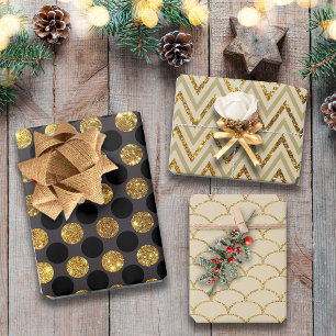 Luxe Gold Black Polka Fan Patterns Glitter Wrapping Paper Sheet