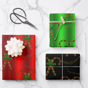 Luxe Gold Candy Canes and Holly Christmas Wrapping Paper Sheet