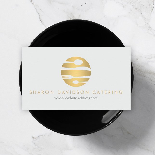 Luxe Gold Catering Logo Restaurant Light Grey Business Card (Creator Uploaded)