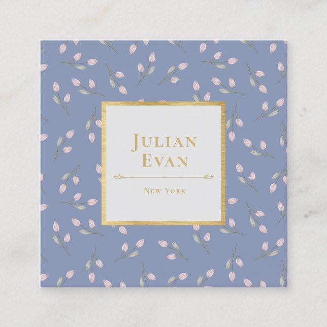 Luxe Gold Dusty Blue Flower Pattern Business Card (Front)
