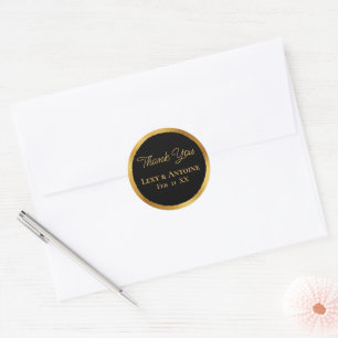 Luxe Gold Edge Black Thank You Names Wedding Date Classic Round Sticker