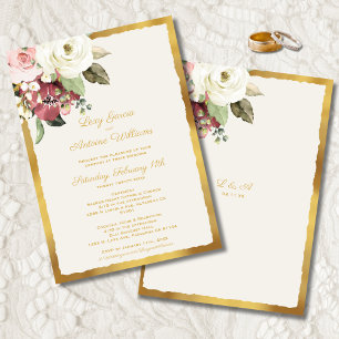 Luxe Gold Edge Mauve Pink Floral Off-White Wedding Invitation