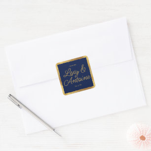 Luxe Gold Edge Navy Blue Wedding Thank You Square Sticker