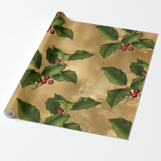 Luxe Gold Faux Foil, Green Holly, Red Berries Wrapping Paper (Unrolled)