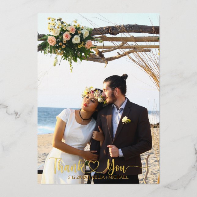 Luxe Gold Foil Wedding Thank You Card with Photo (Front)