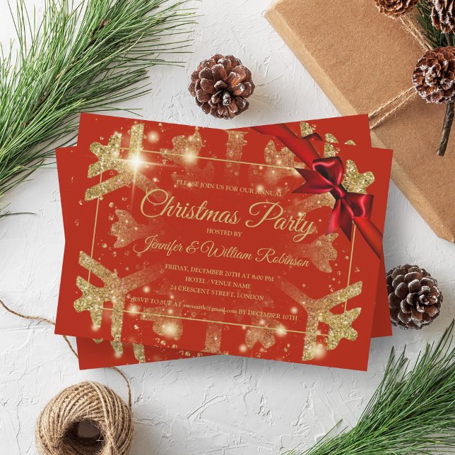 Luxe Gold Glitter Xmas Holiday Red Ribbon  Invitation (Luxe Gold Glitter Xmas Holiday Red Ribbon Invitation)