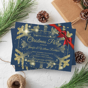 Luxe Gold Glitter Xmas Holiday Red Ribbon Navy  Invitation