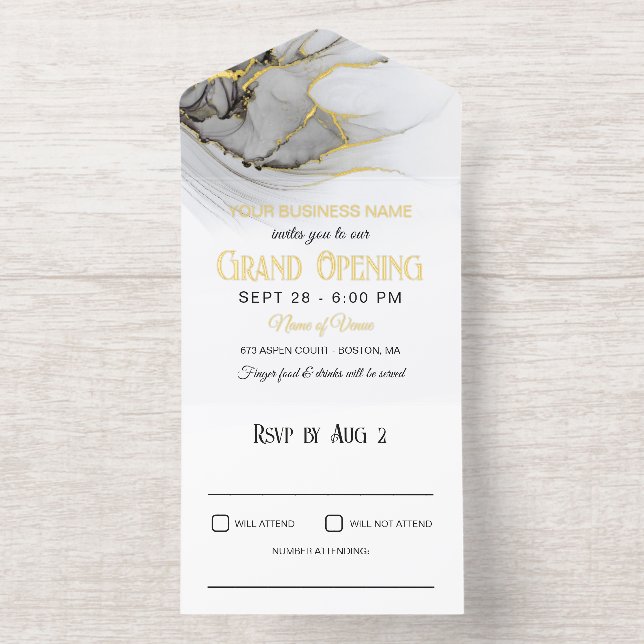 Luxe Gold Grey White Marble Business Grand Opening All In One Invitation (Inside)