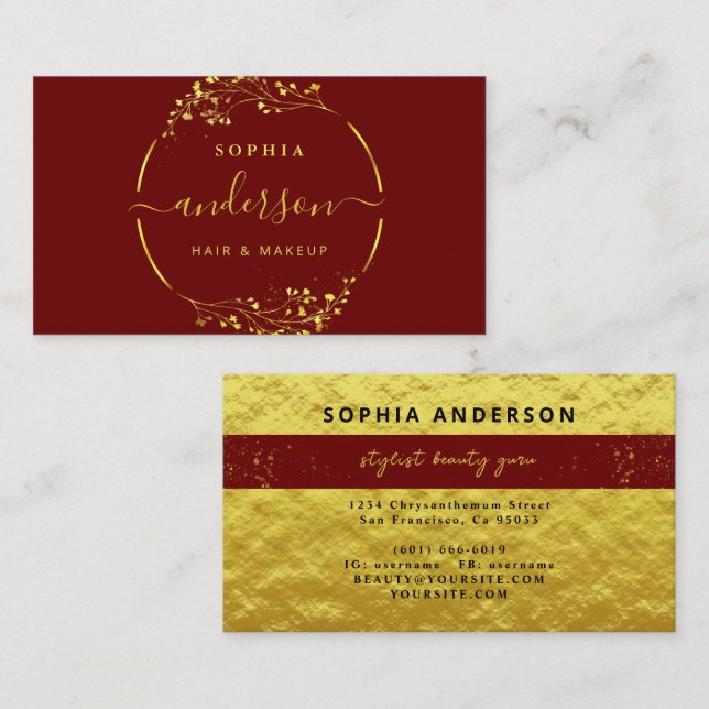 Luxe Gold Logo circle Foliage & Glitter Gold Foil Business Card (Front/Back)