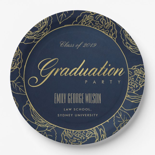 LUXE GOLD NAVY ELEGANT ROSE FLORAL GRADUATION PAPER PLATE (Front)