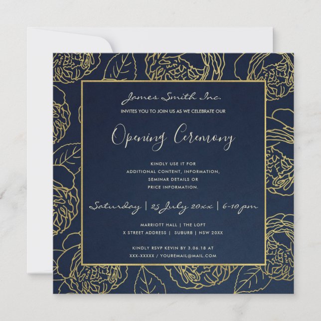 LUXE GOLD NAVY ROSE FLORAL GRAND OPENING CEREMONY INVITATION (Front)