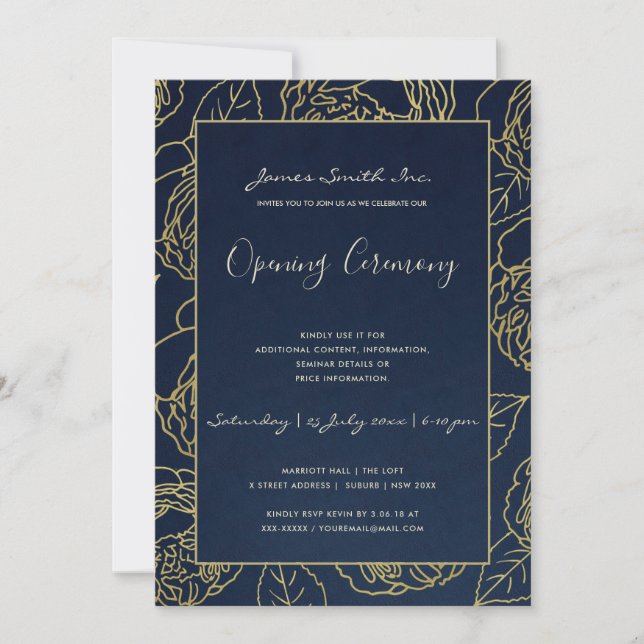 LUXE GOLD NAVY ROSE FLORAL GRAND OPENING CEREMONY INVITATION (Front)