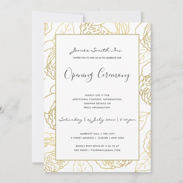 LUXE GOLD NAVY ROSE FLORAL GRAND OPENING CEREMONY INVITATION (Front)