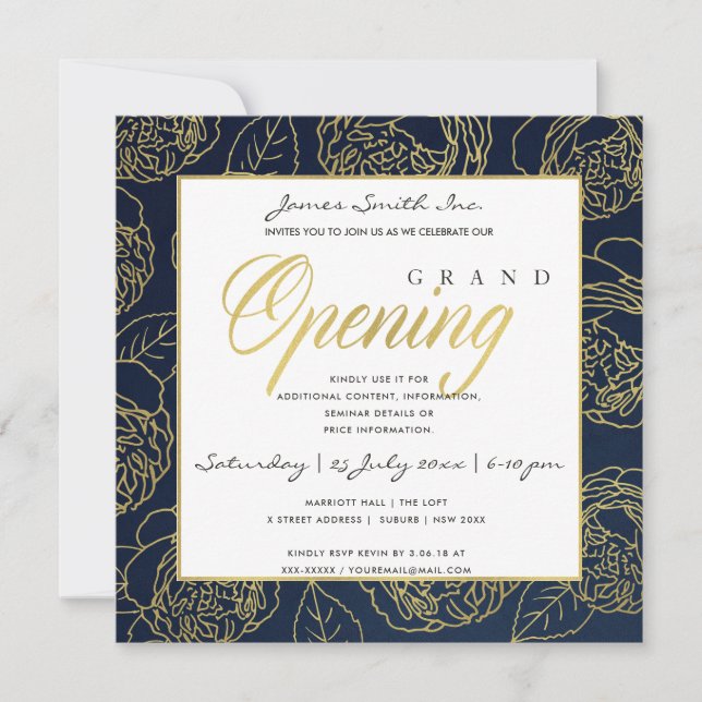 LUXE GOLD NAVY ROSE FLORAL GRAND OPENING CEREMONY INVITATION (Front)