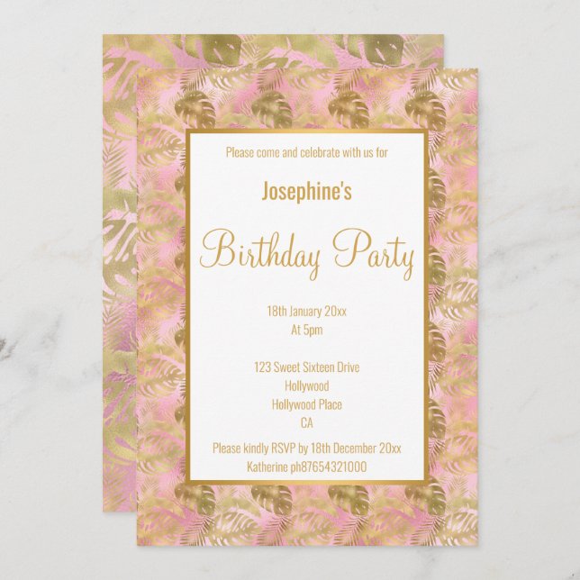 LUXE GOLD PINK PALM LEAF  BIRTHDAY INVITATION (Front/Back)