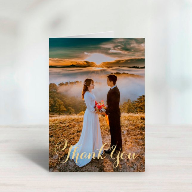 Luxe Gold Script Photo Overlay Wedding Thank You Card (Creator Uploaded)