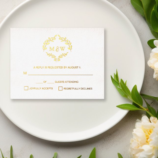 Luxe Gold Wedding monogram crest mail back Foil Holiday Postcard (Monogram crest real gold foil RSVP wedding postcard. )