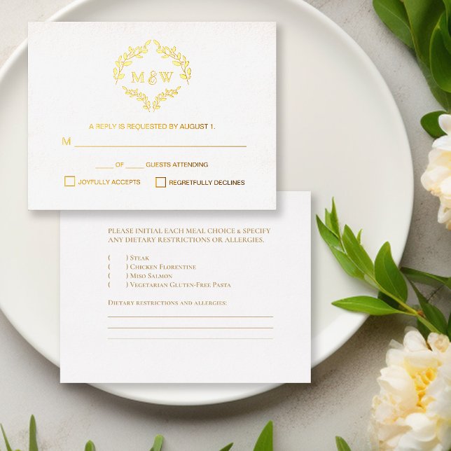 Luxe Gold Wedding monogram crest Meal selection Foil Holiday Postcard (Real gold foil monogram RSVP mail back card with meal choices.)