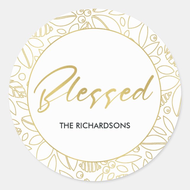 LUXE GOLD WHITE HOLLY BERRIES CHRISTMAS BLESSED CLASSIC ROUND STICKER (Front)