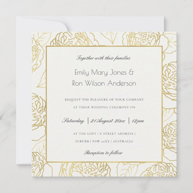 LUXE GOLD WHITE KRAFT ELEGANT ROSE FLORAL WEDDING INVITATION (Front)