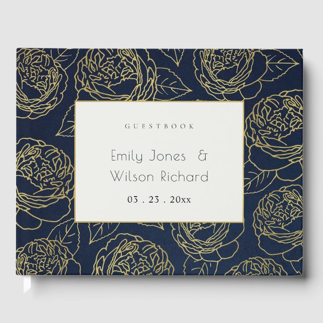 LUXE GOLD WHITE NAVY ELEGANT ROSE FLORAL GUEST BOOK (Front)