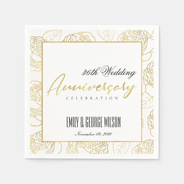 LUXE GOLD WHITE ROSE FLORAL ANY YEAR ANNIVERSARY NAPKIN (Front)