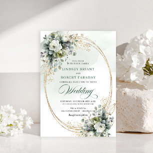 Luxe green and gold roses wedding invitation