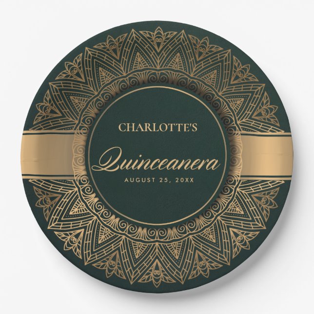 LUXE GREEN GOLD CLASSIC ORNATE MANDALA QUINCEANERA PAPER PLATE (Front)