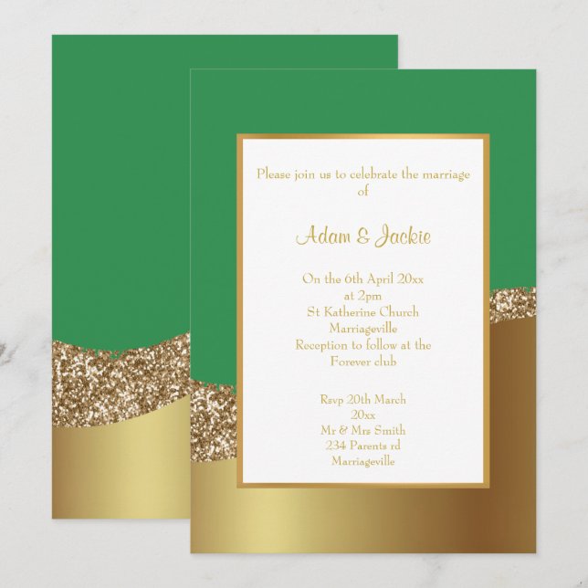 LUXE GREEN GOLD WAVE WEDDING  INVITATION (Front/Back)