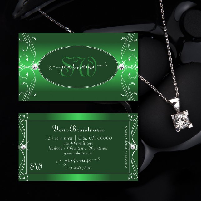Luxe Green Gradient Ornate Sparkle Jewels Monogram Business Card (Creator Uploaded)