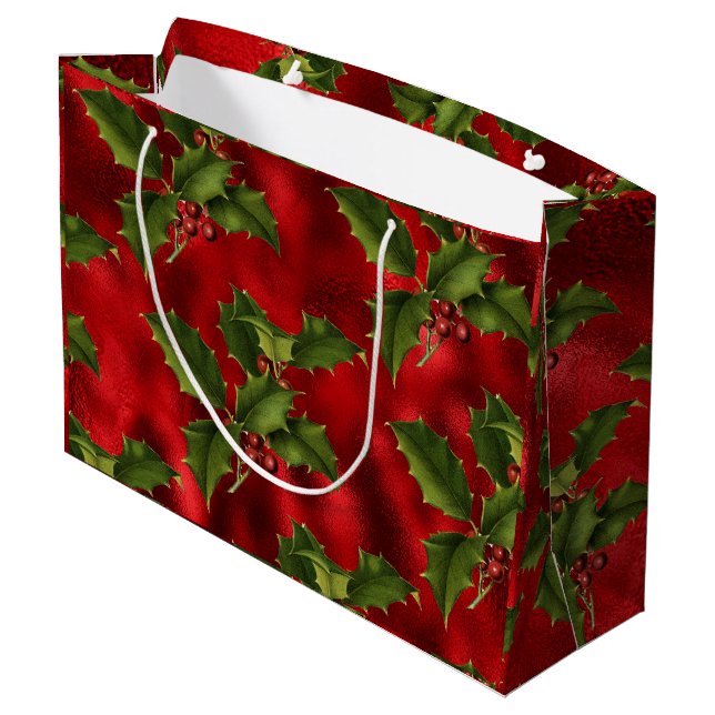 Luxe Green Holly, Red Berries Foil Large Gift Bag (Back Angled)