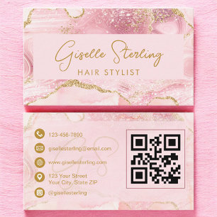 Luxe Hair Stylist Blush Pink Gold Agate QR Code Business Card