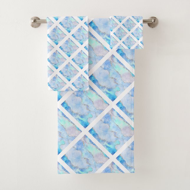 LUXE HAMPTON BLUE MARBLE GRID  BATH TOWEL SET (Insitu)