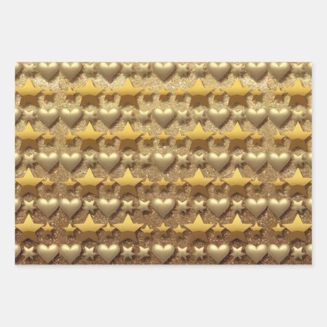 Luxe Hearts Stars Gold Glitter Wrapping Paper (Front)